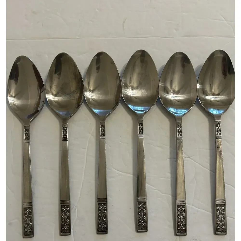 Vintage Customcraft Fluer De Lis Set‎ Of 6 Soup/Dinner Spoon Stainless Flatware